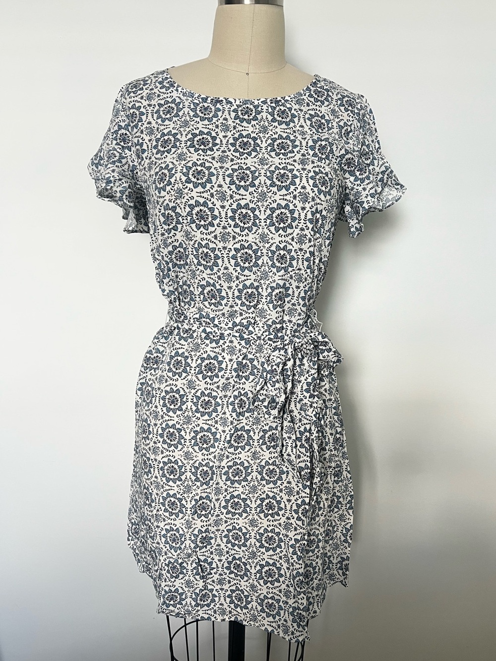Loft Blue and White Floral Tie-Waist Dress